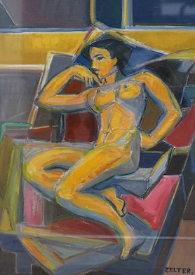 George Joseph Zelter (French, 1938-1987), oil on canvas board, Cubist style study of a nude woman, 44 x 31cm. Condition - good